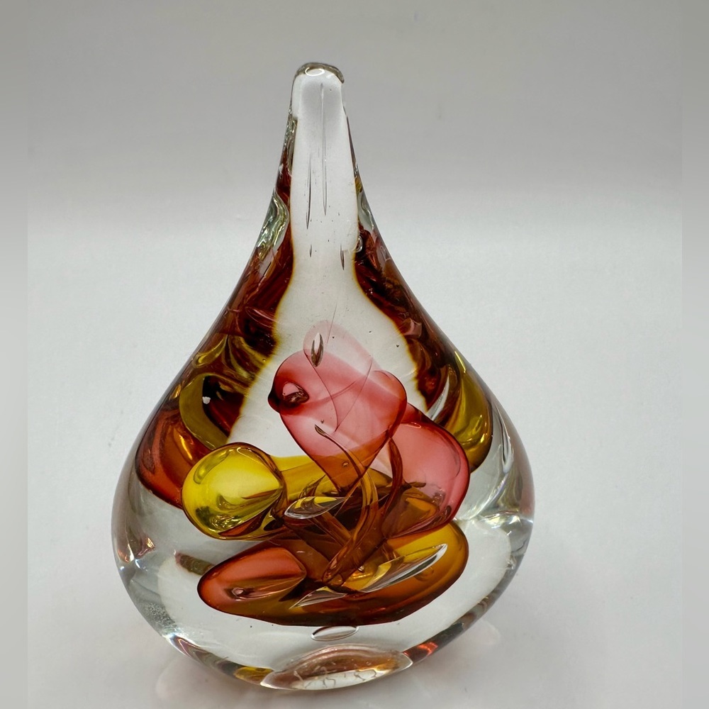 Sold MARIAN PYRCAK Bohemian Swirl Art Glass Pink Orange Yellow Paperweight